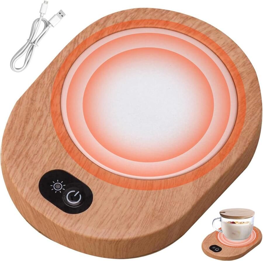 Verwarmde onderzetter USB-mokverwarmer voor op het bureau – Houtlook – Constante temperatuur van 55-65°C – Geschikt voor koffie cacao melk en thee – Voor thuis en op kantoor – Werkt zonder batterijen