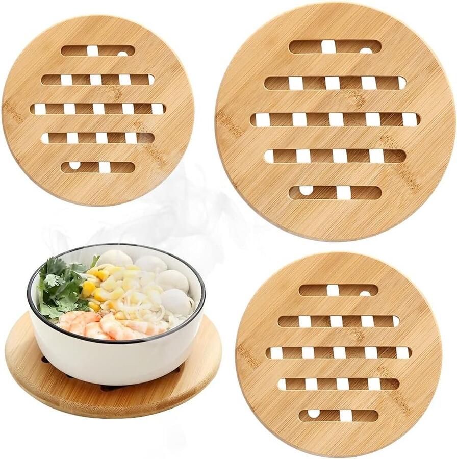 Verwarmingsbestendige Bamboe Onderzetters Wasbare Natuurlijke Ronde Onderzetters voor Pannenkoeken Set van 3 Stuks