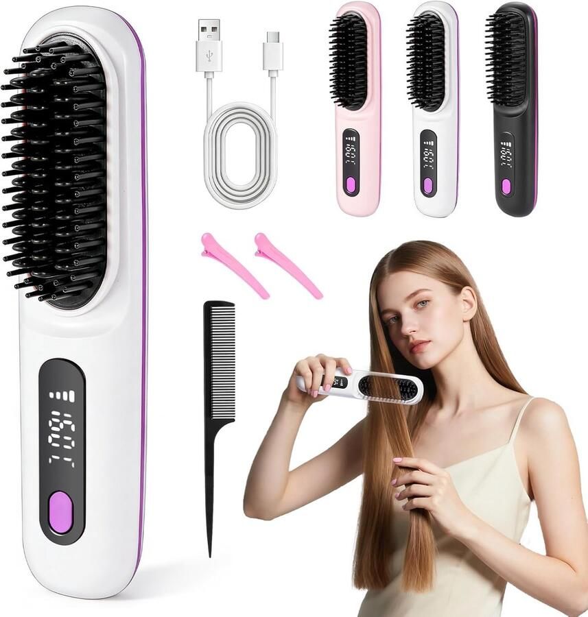 Verwarmingsborstel stylingborstel kort haar mini-stijlborstel verwarming anti-verbranding verwarming kort haar met lcd-display + 3 temperatuurinstellingen (wit)