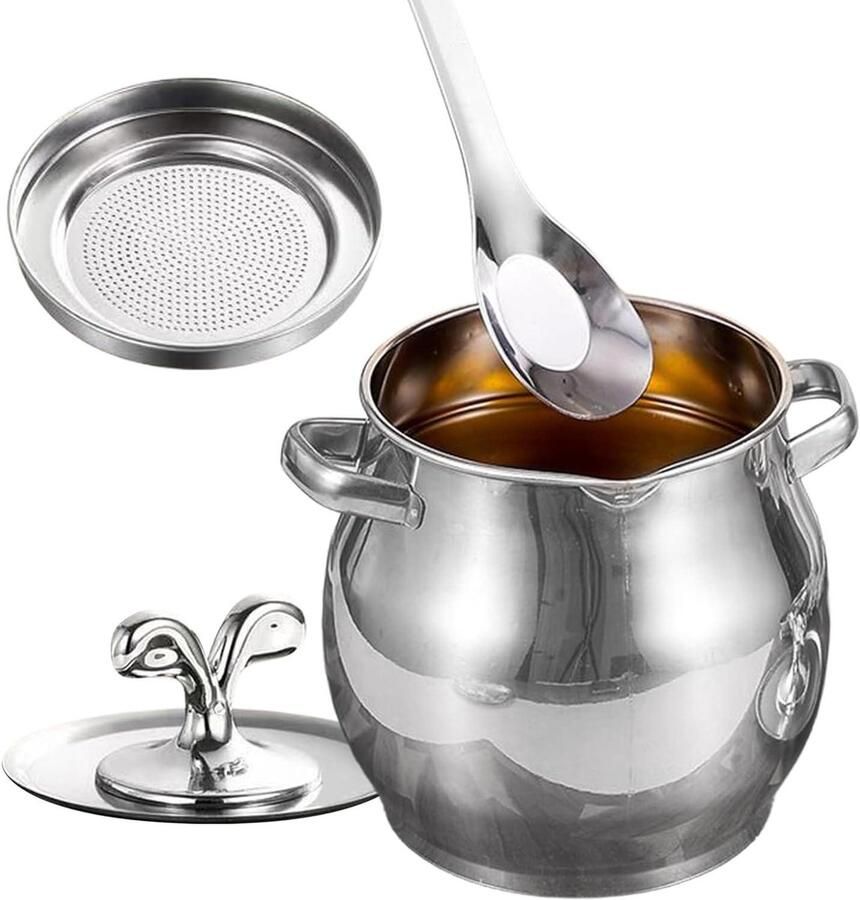 Vet Opvangbak Keuken Vet Container Koken en Bakken Met Zeef en Spatel 1.5L of 2L Zilver