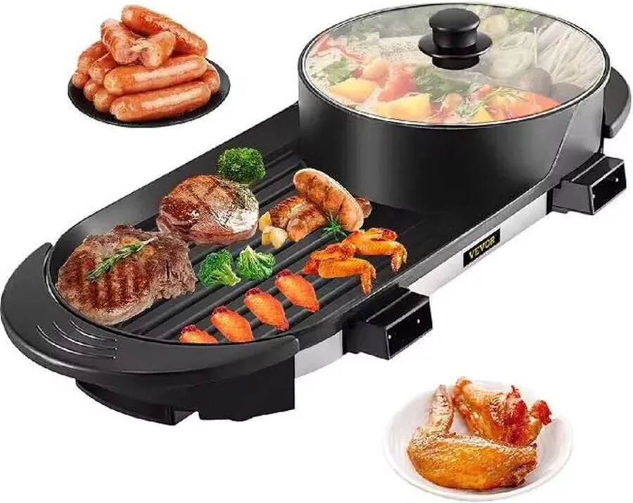 Vevor 2-in-1 Elektrische BBQ Pan Grill en Hot Pot Krachtig 1600W Draagbaar en Rookvrij Afneembare Anti-aanbaklaag BBQ Gourmet Grill Kookgerei Koken