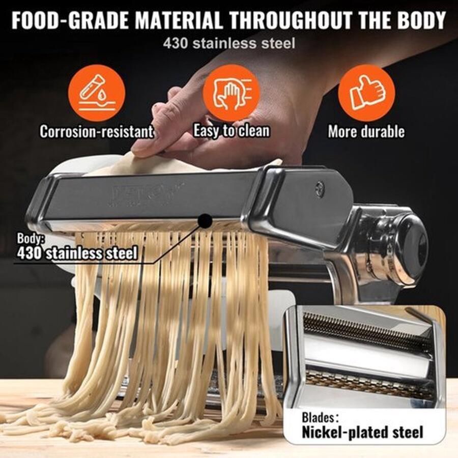 Vevor Verse pastamakermachine Elektrisch 430 Roestvrij Staal Noodle Rollers Cutter Slicer voor Het Snijden Zilver