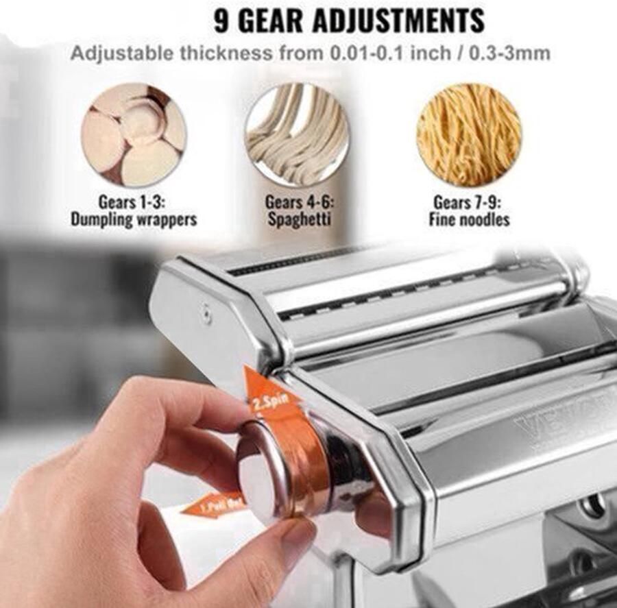 Vevor Verse pastamakermachine Elektrisch 430 Roestvrij Staal Noodle Rollers Cutter Slicer voor Het Snijden Zilver