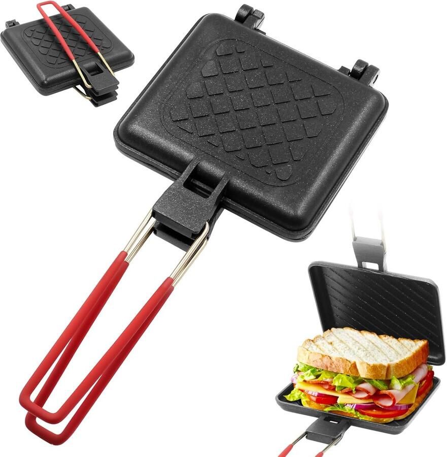 VHV Tosti Apparaat Sandwich Maker Tosti Broodrooster Sandwichmaker Camping Dubbelzijdige Koekenpan Snel Opwarmen Eenvoudig Schoon Te Maken Ideaal Voor Op De Camping Of Voor Keuken Ontbijt Opvouwbare Versie Van Gaas