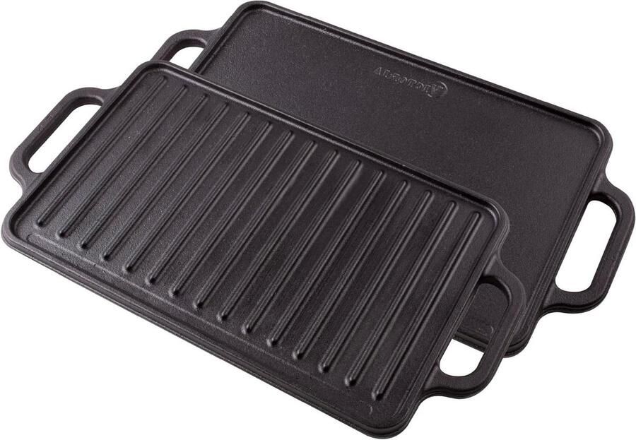 Victoria Grillplaat Gietijzer Bakplaat Dubbelzijdig Buiten Koken Voorgezouten Lijnzaadolie 33 x 21 cm Zwart
