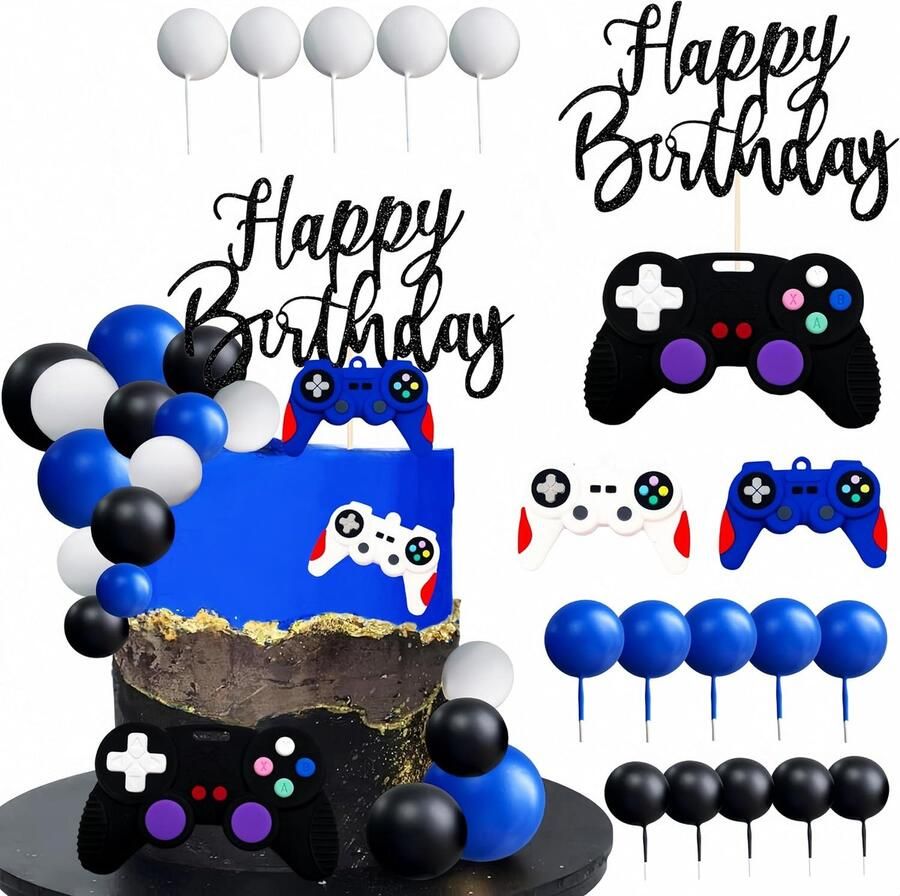 Videogame taarttopper set gamer verjaardagsdecoratie voor jongens en kinderen inclusief “Happy Birthday” taartbordje gamecontroller toppers en mini ballonprikkers voor een leuk