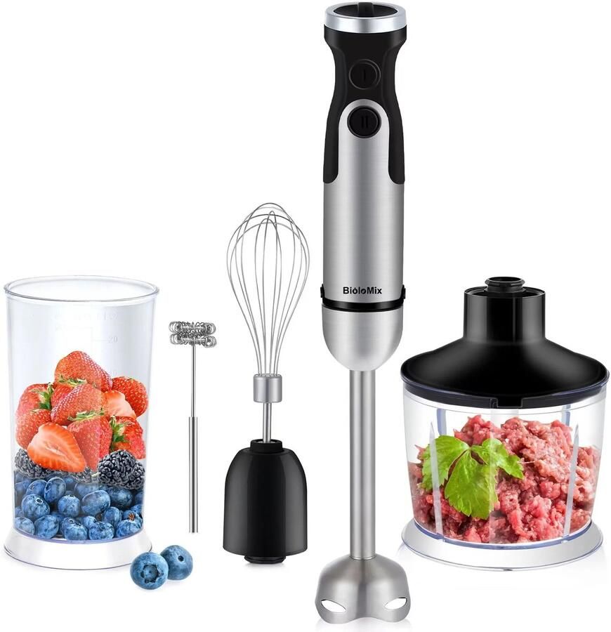 VIEMAE Staafmixer set inclusief groentehakker vleesmolen garde melkopschuimer en smoothiebeker RVS Zwart