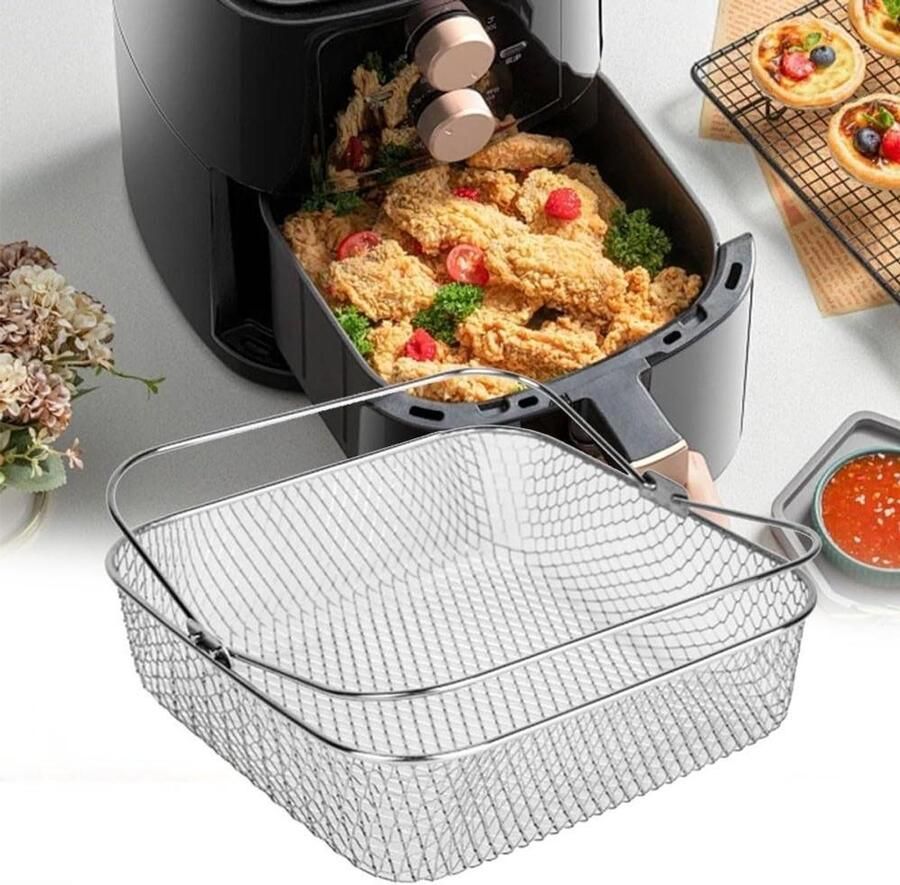 Vierkante Airfryer Mand Frituurmand RVS Lucht Frituren Gemakkelijk Optilbaar Handvat 20 x 20 x 6 cm