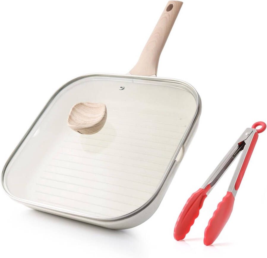 Vierkante Anti-aanbak Grillpan met Deksel 28 cm Voor Koken Binnen en Buiten Granieten Coating Inductie Steakpan Inclusief Schenktuiten