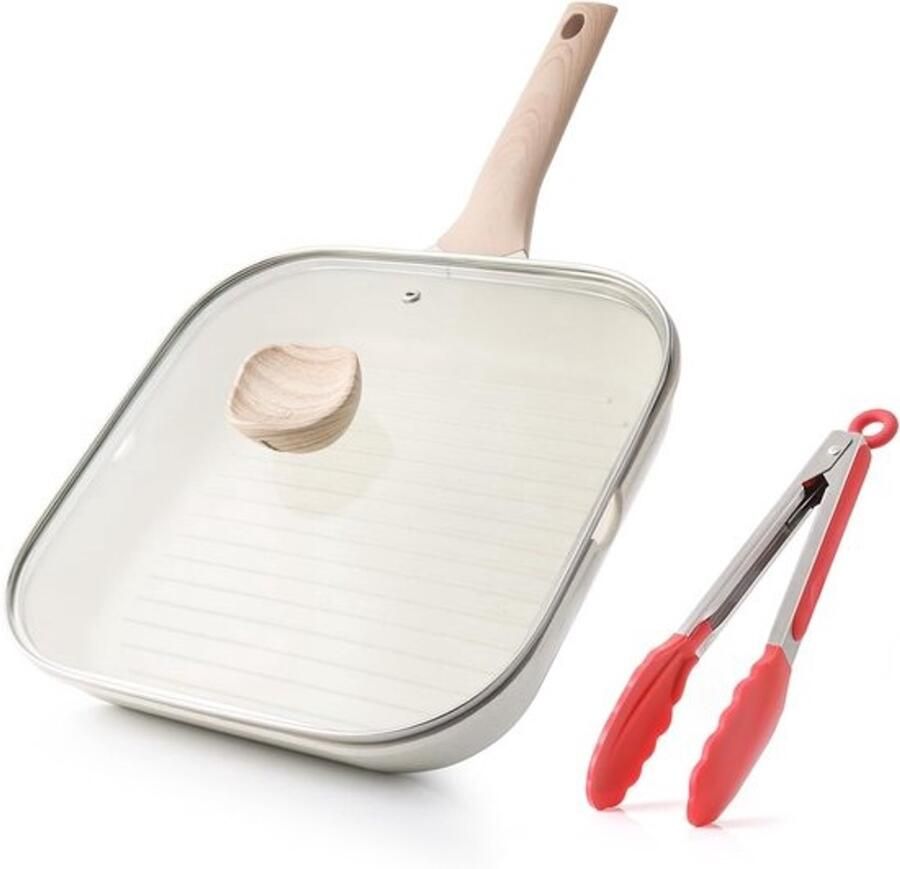 Vierkante antiaanbakgrillpan met deksel 28 cm Binnen en buiten koken Granieten coating Inductie steakpan Inclusief schenktuiten