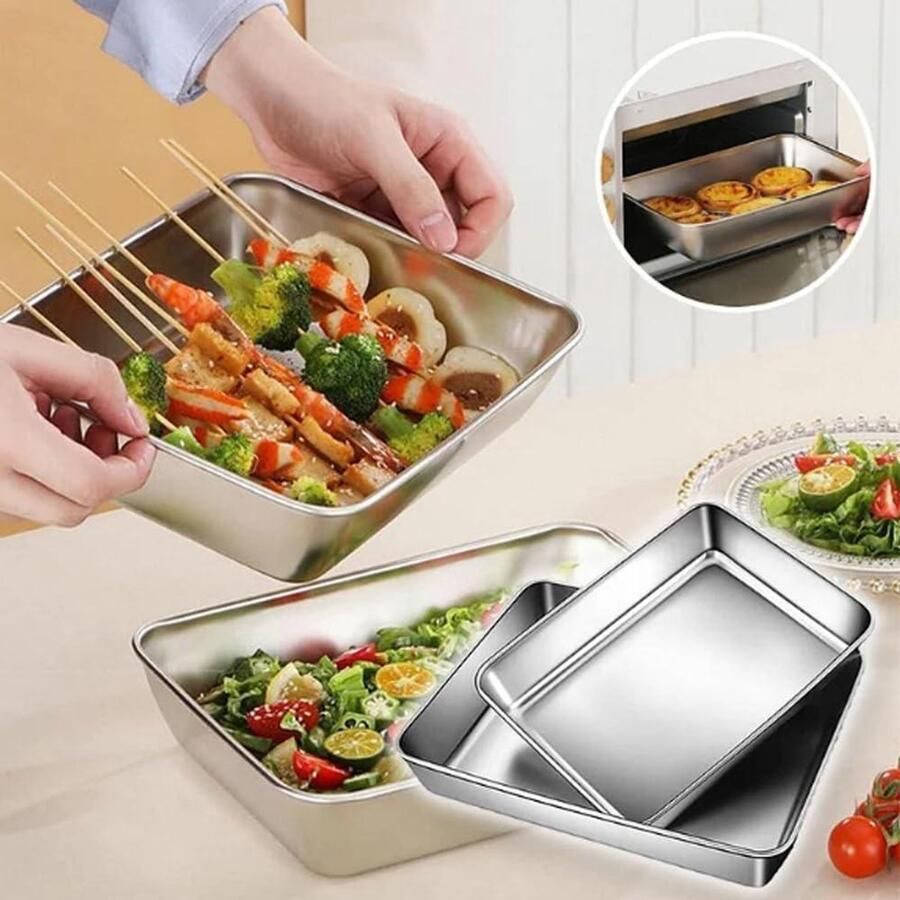 Vierkante Bakplaat Metalen Schotel Oven Gebruik Elektrolytisch Gepolijst 25x20x5.5 CM Zilverkleurig