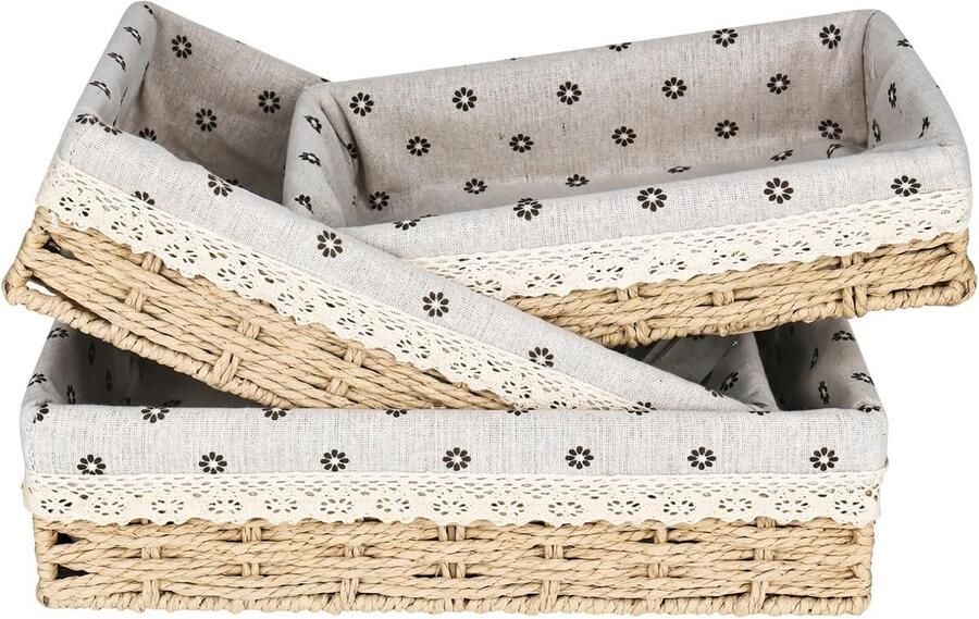 Vierkante broodmand set 3-delig gevlochten zeegras met katoenen inzetstuk 35x31x27 cm