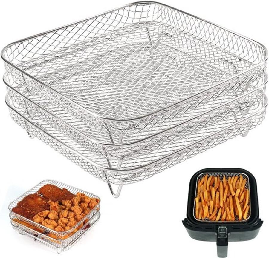 Vierkante Drie-laags Stapelbare Airfryer rek 304 RVS kookrek Capaciteit Uitbreiden Gelijkmatig Verwarmen