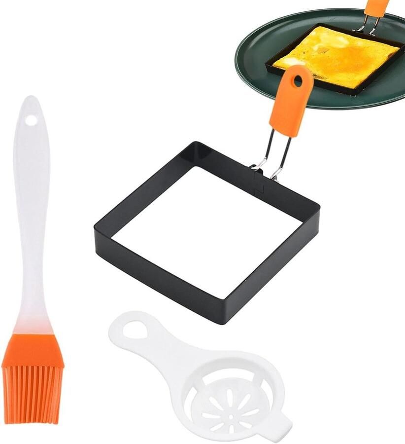 Vierkante Eierring Bakvorm Ontbijt Maken Met Siliconen Handvat Set van 3 Zilver