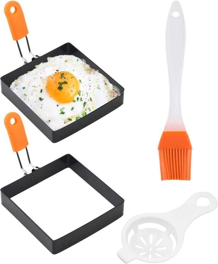 Vierkante eierring met siliconen handvat RVS anti-aanbak eiervorm