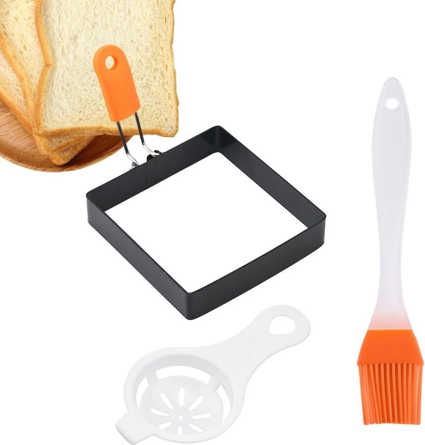 Vierkante Eivorm Eierring Pannekoekvorm Ontbijt Maken Opvouwbaar Handvat 10 cm Vorm 3-delige Set