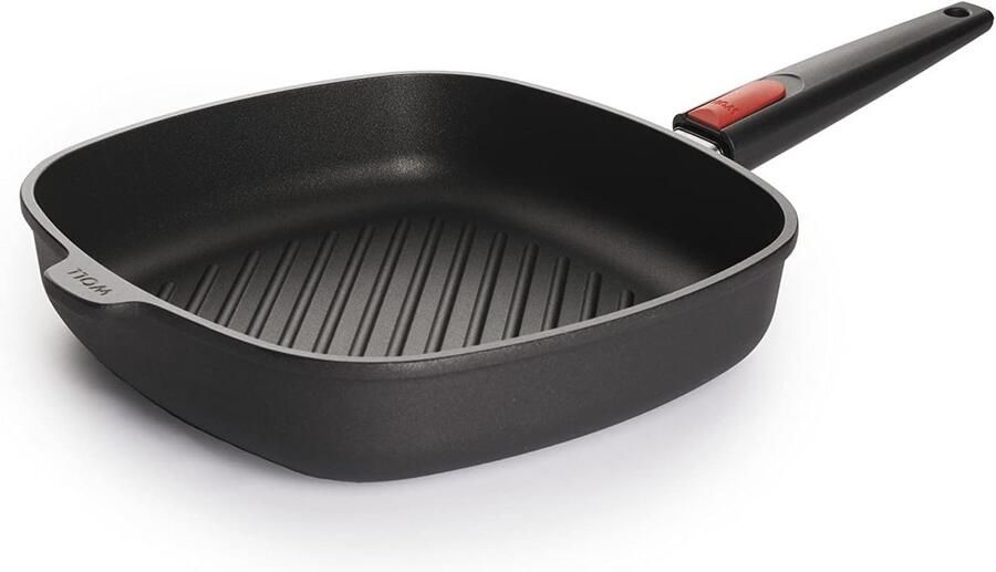 Vierkante gietijzeren grillpan 28 x 28 cm met afneembare steel en antiaanbaklaag
