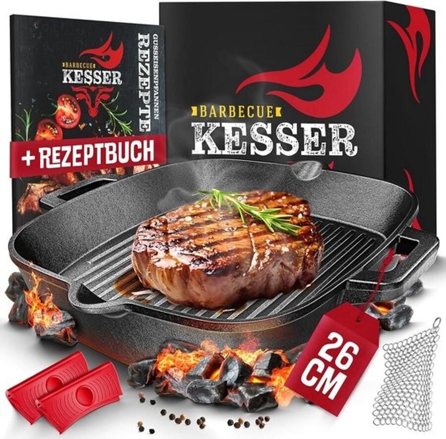 Vierkante gietijzeren pan 26 cm Zware kwaliteit Voor inductie en grill