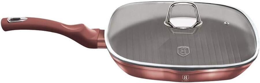 Vierkante Grill Pan Koekenpan Bakplaat Steak Grillen Marmer Non Stick 28 cm Rose met Deksel
