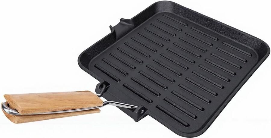 Vierkante Grillpan Gietijzeren Koekenpan Steak Bakken Opvouwbaar Handvat Emaille Gecoat Zwart
