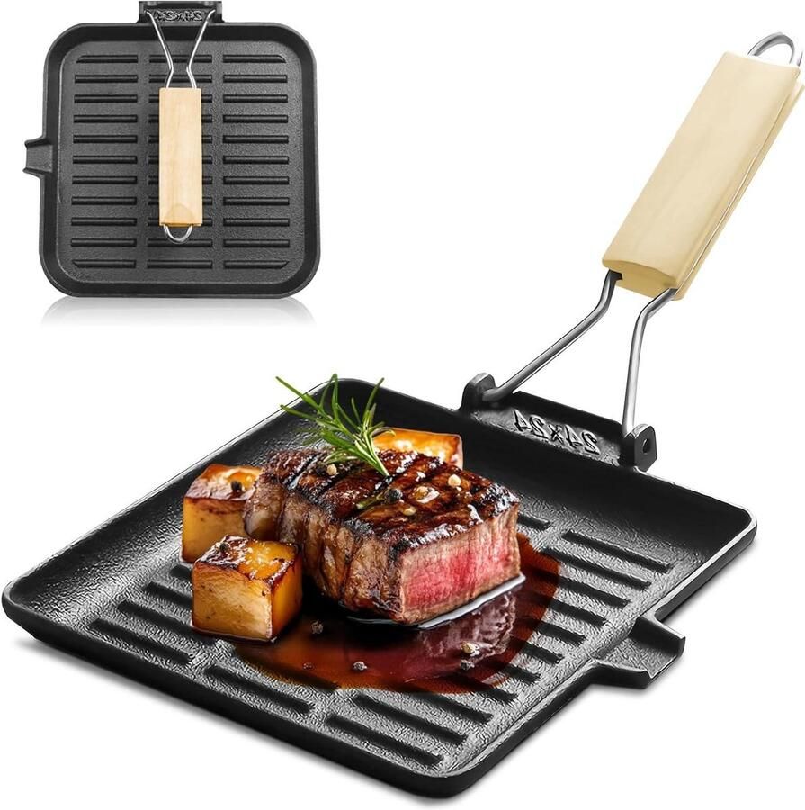 Vierkante grillpan Gietijzeren pan Steaks braden Inklapbaar handvat 20 x 20 cm Zwart