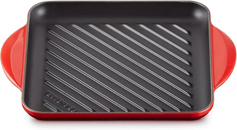 Vierkante Grillpan Gietijzeren Pan Vetarm Aanbraden Geribbeld Kookoppervlak 24 cm Kersenrood