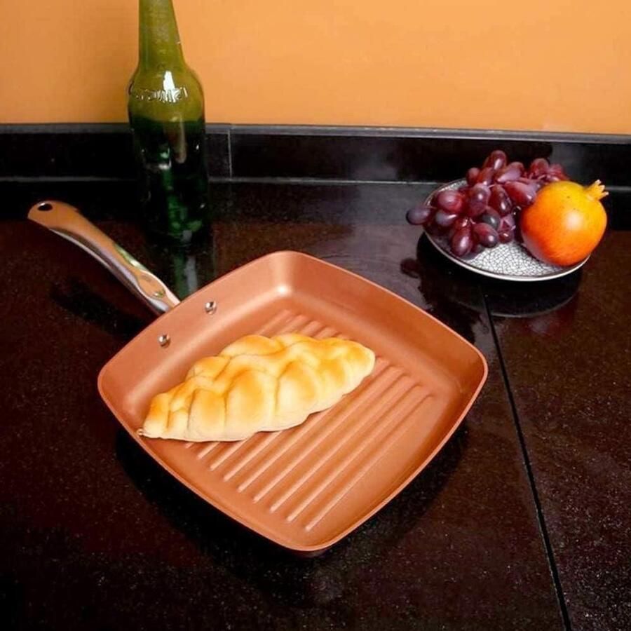 Vierkante Grillpan Koekenpan Antiaanbak Buiten Grillen Keramische Coating 24 cm Koperkleurig