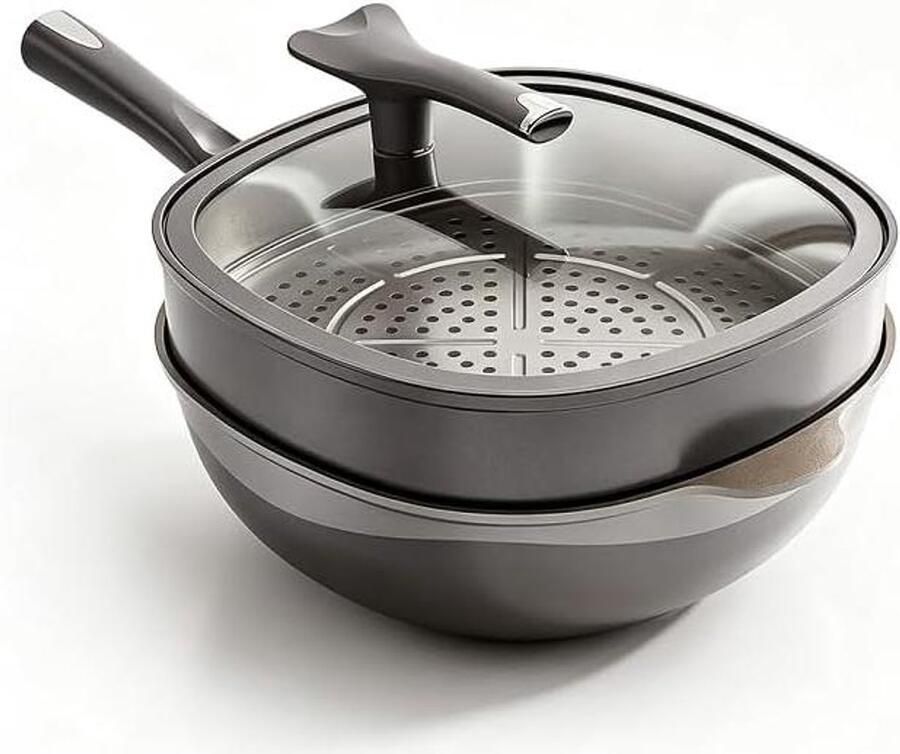 Vierkante Koekenpan Antiaanbak Wok Thuis Koken Met Stoomrek 32 cm Grijs