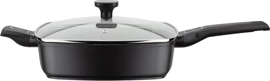 Vierkante Koekenpan met Glazen Deksel en Easy Click Handvat Zwart Aluminium