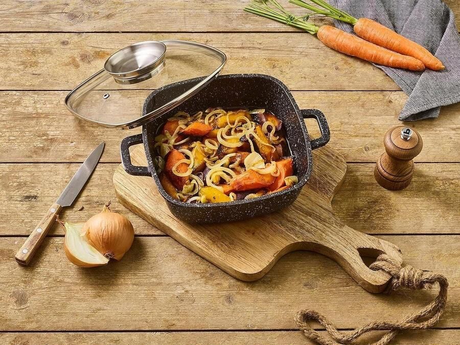 Vierkante Kookpan Gietijzeren Pan Culinaire Bereidingen Steenlook Antiaanbaklaag 24 x 24 cm Zwart