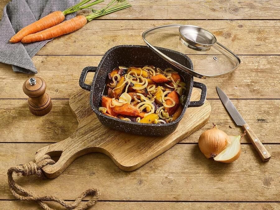 Vierkante Kookpan Gietijzeren Pan Koken en Bakken Steenlook Antiaanbaklaag 24 x 24 cm Zwart