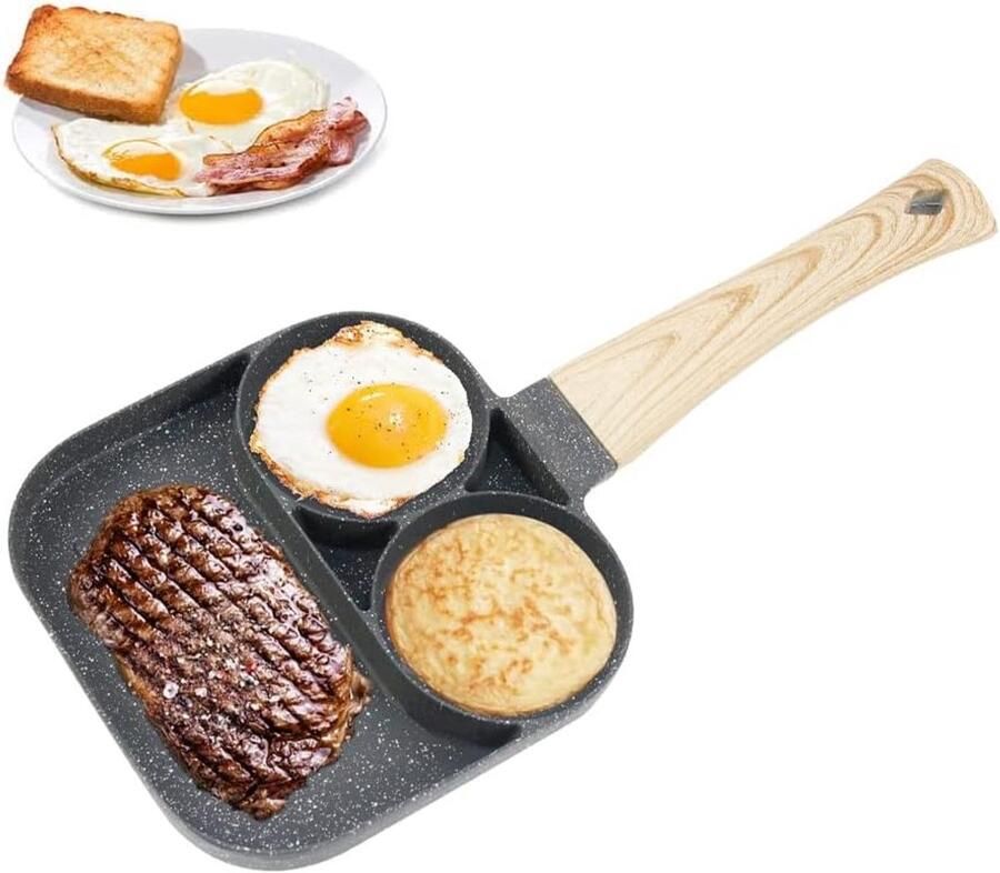 Vierkante Pannenkoekenpan met 3 Gaten voor Spiegeleieren en Hamburgers