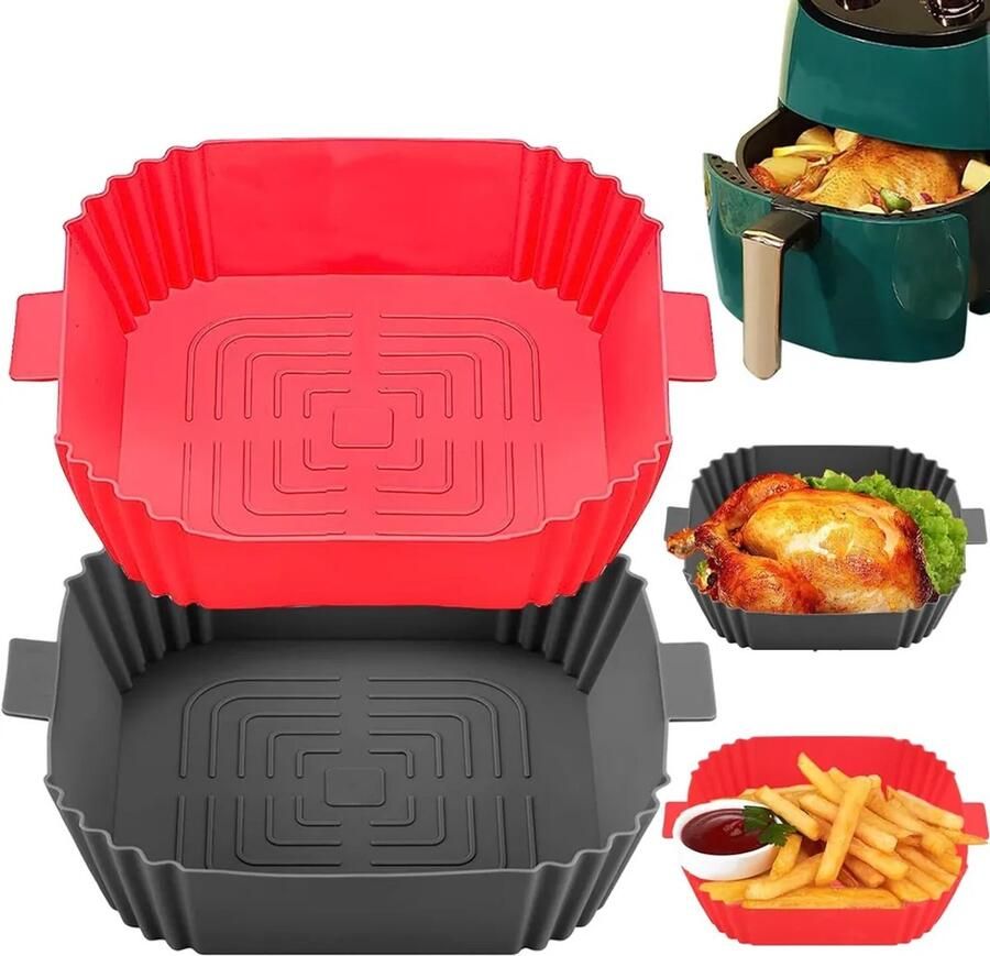 Vierkante siliconen airfryer bakplaat 20 cm antiaanbaklaag hittebestendig tot 240°C herbruikbaar met handgreep en oliegeleider multifunctioneel