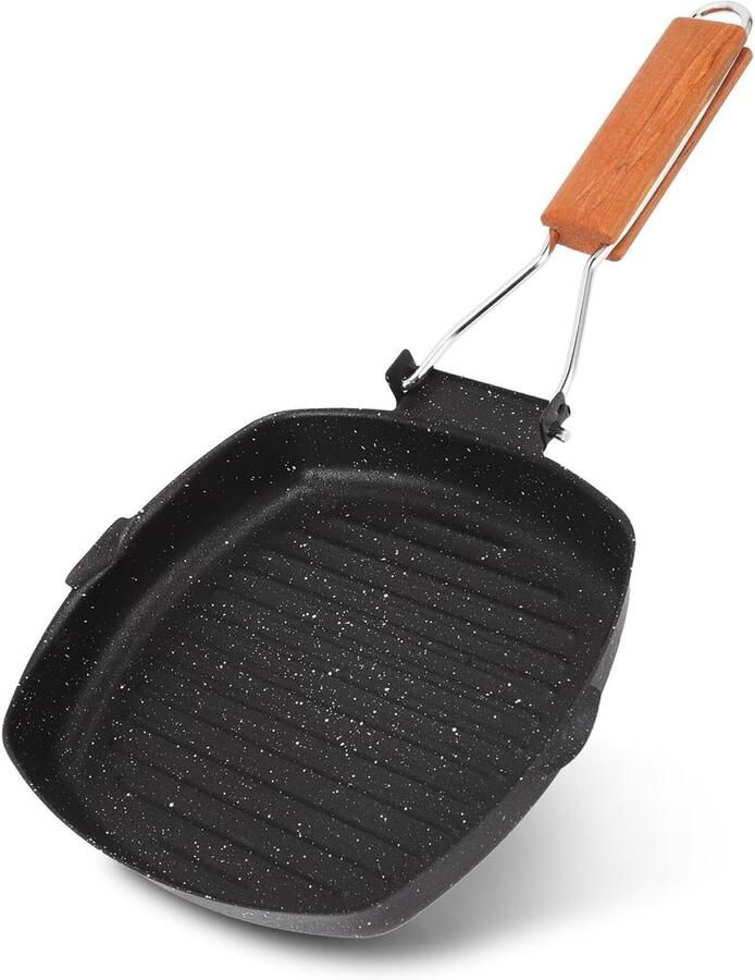 Vierkante steak koekenpan antiaanbakpan met opvouwbare houten handvat kookplaat inductie compatibele veelzijdige bakplaat pan (20 x 20 cm)