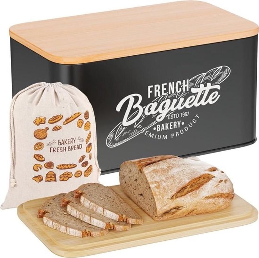 Vintage broodtrommel 'French Baguette' metaal en bamboe 30 x 18 x 13 7 cm voor stokbrood en beschuit