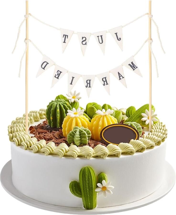 Vintage Bruiloftstaart Topper met Persoonlijke Tekst Rustieke Just Married Cake Banner voor een Unieke Trouwerij