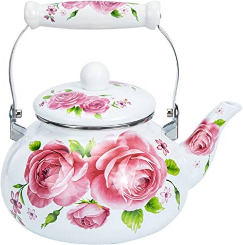 Vintage Waterkoker van Geëmailleerd Staal 2500 ml Met Keramische Handgrepen en Rozenblaadjes Motief voor Gasfornuis