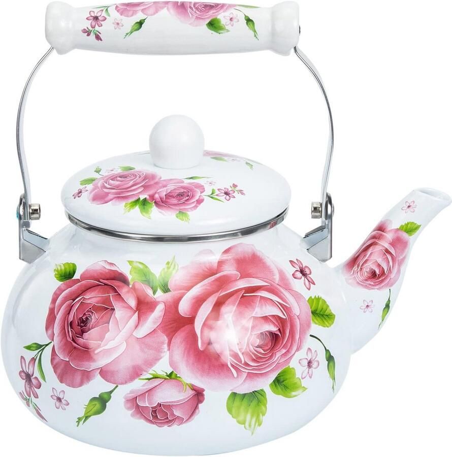 Vintage Waterkoker van Geëmailleerd Staal 2500 ml Met Keramische Handgrepen en Rozenblaadjes Motief voor Gasfornuis