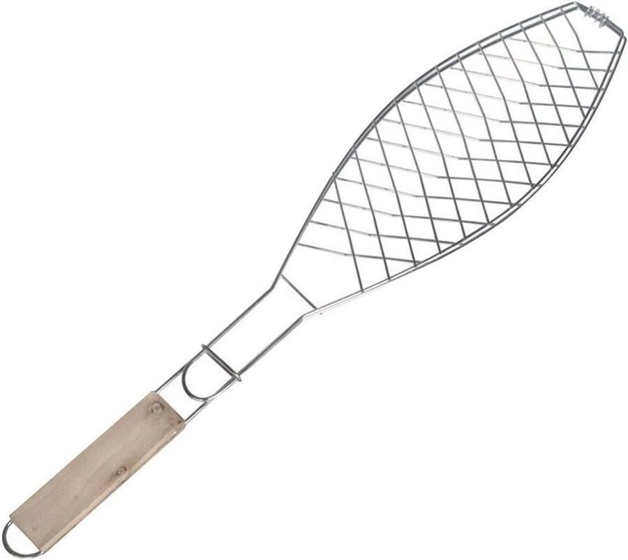 Vis Grill Mand Barbecue Mand Grillen van Vis Houten Handgreep 57cm x 12cm Zilver