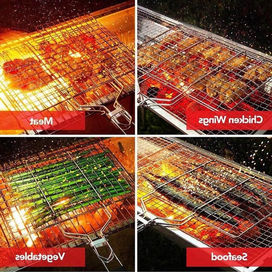 Vis Grill Mand Barbecue Net Buiten Koken Houten Handvat 21.5x19CM Zilver