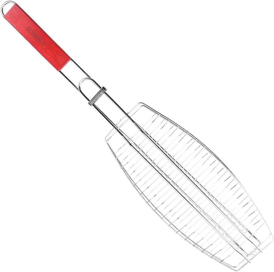 Vis Grill Mand BBQ Accessoire Buiten Grillen Duurzame Houten Handgreep 60.5 cm Zilver