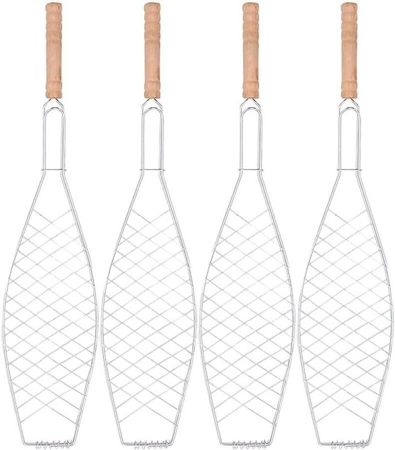 Vis Grill Mand Grillmand Metaal Buiten Grillen Houten Handvat 60 x 13.5 cm Zilver