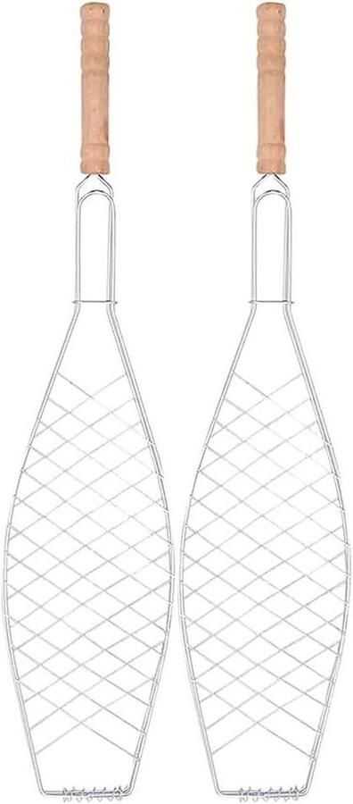 Vis Grill Mand Grillmand Metaal Outdoor Grillen Houten Handvat 23.6 Inch Zilver