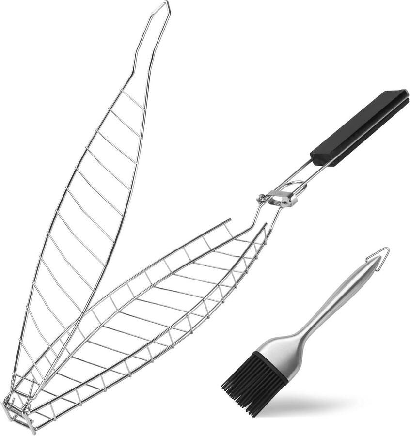 Vis grillhouder met afneembare handgreep en olieborstel voor grillen