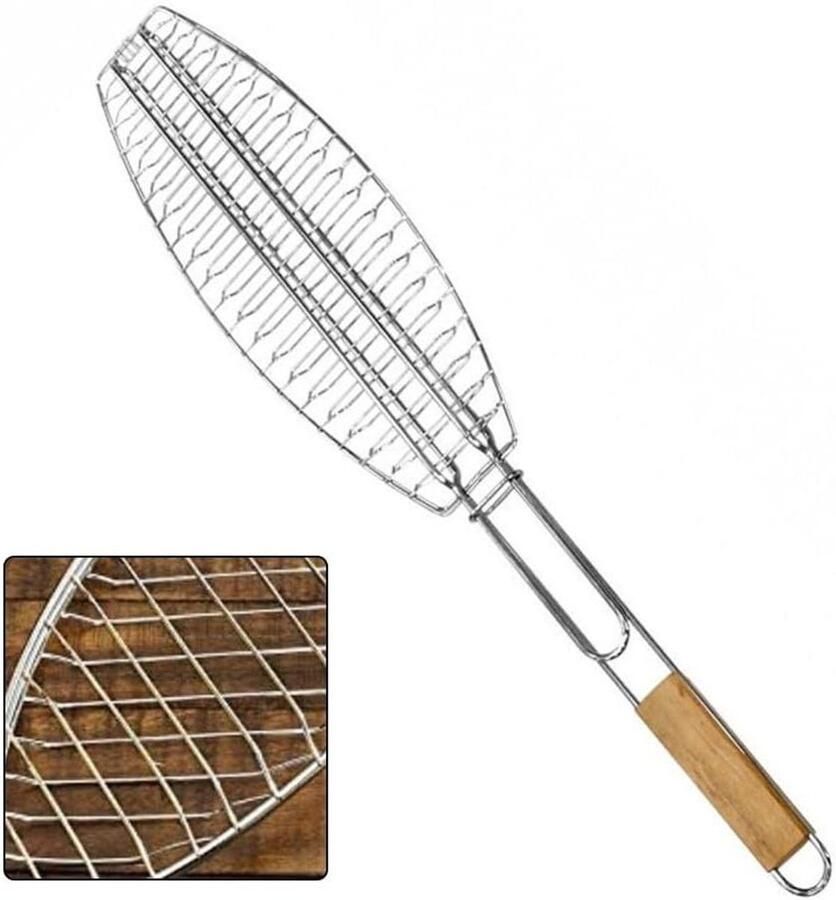 Vis Grillmand Barbecue Houder Buiten Koken Met Houten Handvat 56 cm Groot Metaal