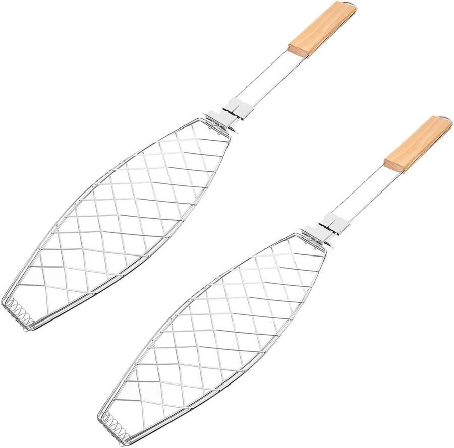 Vis grillmand Barbecue houder Buiten koken Opvouwbaar ontwerp 62 cm lang Zilver