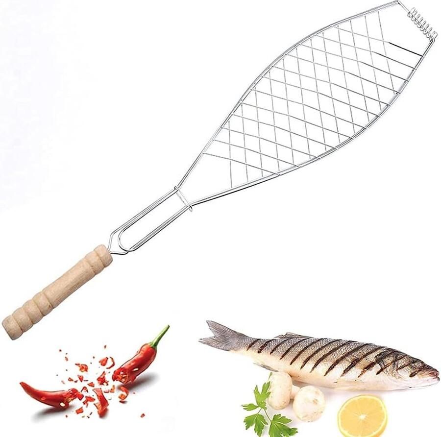 Vis Grillmand Barbecue Mand Buiten Koken Inklapbaar Roestvrij Staal 23.6 x 5.3 Inch Zilverkleurig