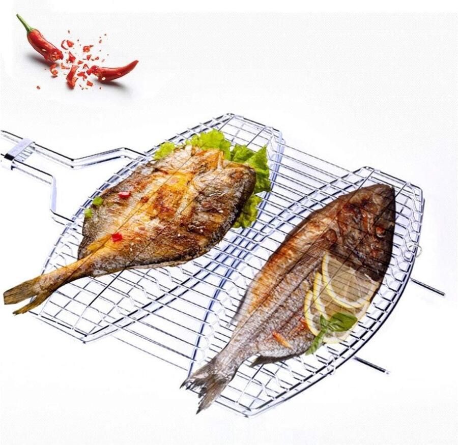 Vis Grillmand Barbecue Net Buiten Koken Afsluitbaar Ontwerp 68 x 40.5 cm Zilverkleurig