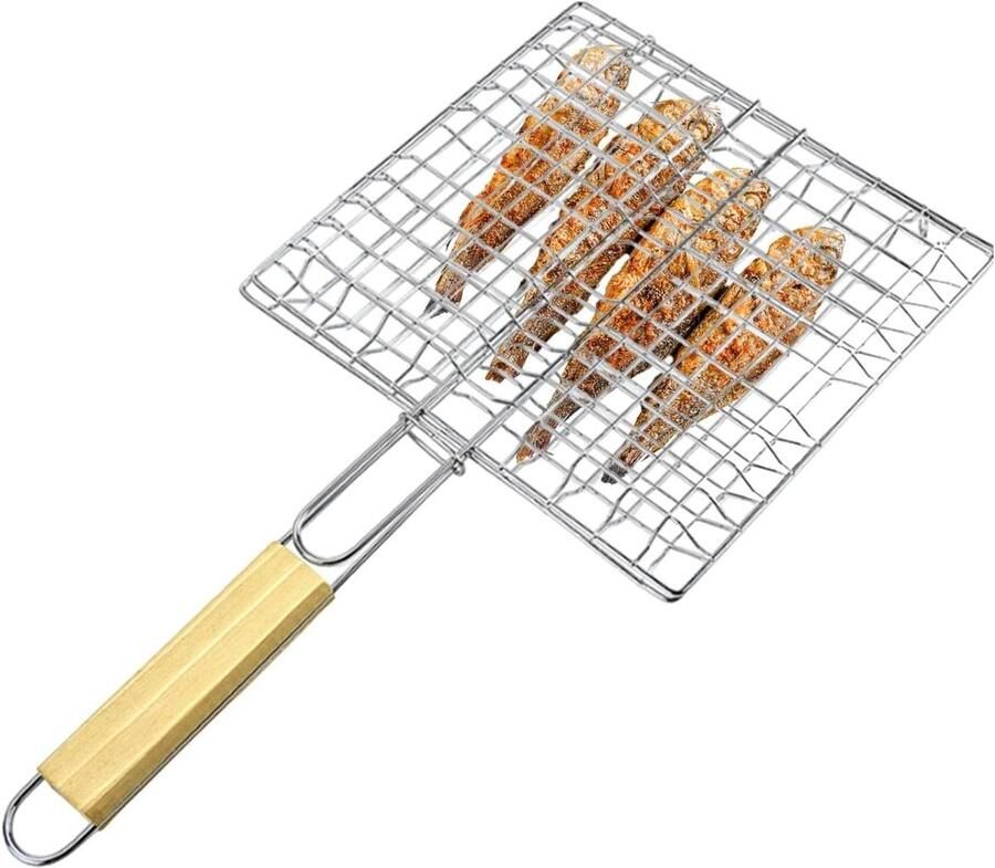 Vis Grillmand Grillrooster Garnalen Buiten Koken Hittebestendig Hout 42 x 23 cm Zilver
