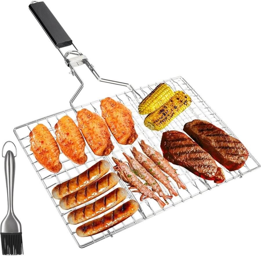 Vis grillmand Vistang rooster Gelijkmatig grillen Opvouwbaar ontwerp 34 x 32 cm Zilver